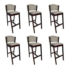 Imagem de Kit 6 Banquetas Alta De Madeira Maciça Castanho Premium Ana Com Encosto Linho Bege - Cor: Bege