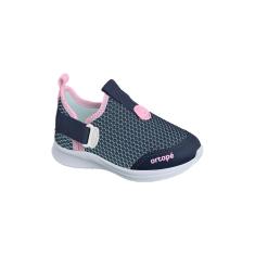 Imagem de Tênis Infantil Feminino Ortopé Happy Comfort Tecido com Fecho Lateral Marinho e Rosa