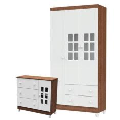 Imagem de Cômoda Infantil E Guarda Roupa 3 Portas Mariah Branco Acetinado Amadei