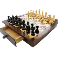 Imagem de Tabuleiro Xadrez Luxo com Gavetas Integradas + Jogo de Xadrez em Madei