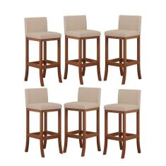 Imagem de Kit 6 Banquetas Alta Encosto Estofado 38x100 Cm Ilha Espanha Madeira Maciça Castanho Suede Bege CCS