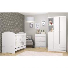 Imagem de Quarto de Bebê com Guarda-roupa 3 Portas Cômoda e Berço 3 em 1 com Colchão Espresso Móveis Branco