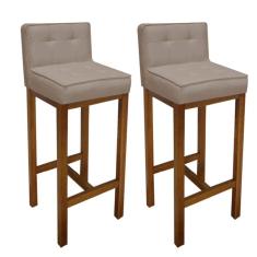 Imagem de Kit 02 Banqueta Alta Com Encosto Alba Cozinha Balcão Bistrô Base Madeira Rústico Tecido Sintético Bege - Ahazzo Móveis