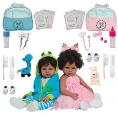 Imagem de Boneca Reborn Gêmeos Negros Com Bolsa Enxoval Coelho Jacaré - Cegonha 