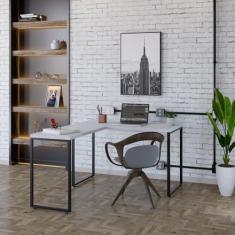 Imagem de Mesa de Escritório em L Estilo Industrial 120x150cm Kuadra Branco Chess/Est.Preta
