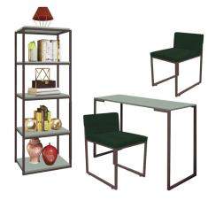 Imagem de Kit Escritório Ravi 2 Cadeiras Suede Verde com 1 Mesa e 1 Livreiro Ferro Marrom MDF Verde Oliva - Ahazzo Móveis