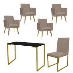 Imagem de Kit Escritório Stan 4 Poltronas Rodapé com Cadeira e Mesa Industrial Preto Dourado Tecido Sintético Bege - Ahz Móveis