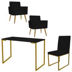 Imagem de Kit Escritório Stan 2 Poltronas com Cadeira e Mesa Industrial Tampo Preto Dourado Suede Preto - Ahz Móveis