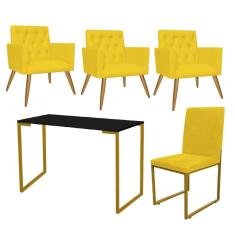 Imagem de Kit Escritório Stan 3 Poltronas Capitonê com Cadeira e Mesa Industrial Preto Dourado Tecido Sintético Amarelo - Ahz Móveis