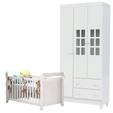 Imagem de Berço Lara e Guarda Roupa Infantil 3 Portas Mariah Branco Brilho - Carolina