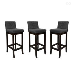 Imagem de Kit 3 Banquetas Média com Encosto Matelassê Tóquio Madeira Maciça Suede Cinza CCS