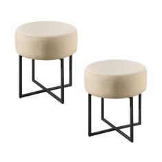 Imagem de Conjunto - 2 Puffs Banqueta Otávio Base Metálica Preta Luxo Veludo Bege Claro