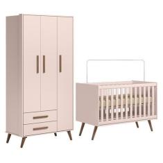 Imagem de Jogo De Quarto Infantil Q Encanto Retrô Com Guarda Roupa E Berço Rosa