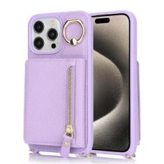 Imagem de Capa carteira de couro para telefone para iPhone 15 14 13 12 11 Pro Max XS X XR Capa protetora de couro com anel porta-cartões com zíper, roxo claro, para iPhone 15Pro