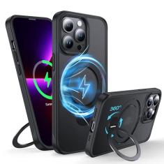 Imagem de FNDMIL Anel magnético giratório de 360° para iPhone 13 Pro, capa compatível com MagSafe [borda de textura antiderrapante] [suporte embutido] [à prova de choque militar] amortecedor de silicone macio