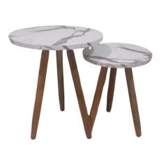 Imagem de Conjunto 2 Mesas De Canto Laterais Sofá Sala Mdf Pés Madeira Estilo Granito