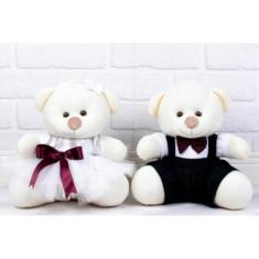 Imagem de Casal Ursos Tedde Pajem Preto, Daminha Branca - Pelúcia Palha 18 cm (Pajem Preto, Daminha Branca, detalhes marsala - Pelúcia Palha)