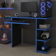 Imagem de Escrivaninha/Mesa de Computador com 1 Gaveta e Prateleiras Organizadora para Quarto ou Escritório de Estudo Gamer (Preto/Azul)