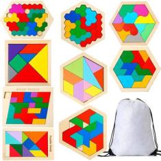 Imagem de Quebra-cabeça hexagonal de madeira Sratte, 9 peças com bolsa de armaze