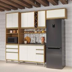 Imagem de Cozinha Modulada Compacta 4 Peças 9 Portas e Espaço Micro-ondas 100% Mdf Barbados Espresso Móveis Amêndoa/Off White
