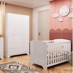 Imagem de Quarto de Bebê com Berço Americano e Guarda Roupa 4 Portas 2 Gavetas 100% MDF Ayla Branco Brilho