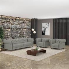 Imagem de Conjunto 1 Sofá Living 180cm E 2 Poltronas Stanford Chesterfield Pés Madeira Couro Cinza G58 Gran Belo