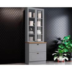 Imagem de Paneleiro De Cozinha Cristaleira Americana C/ 2 Portas (2 C/vidro) C/ 2 Gavetas 71.5cm Cinza/nature