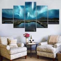 Imagem de Quadro Decorativo Mosaico 5 Peças Aurora Boreal Galáxia Lua