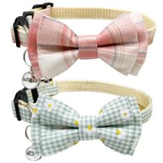 Imagem de Coleira xadrez para gatos com gravata borboleta, sino, margarida, gatinho, ajustável, com gravata borboleta removível, pacote com 2 colares de segurança de flores para primavera, verão, outono, rosa e