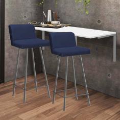 Imagem de Kit Mesa Suspensa de Parede Fixa MDF Branco + 2 Banquetas Lexi Ferro Prata Sintético Azul Marinho - Ahazzo Móveis