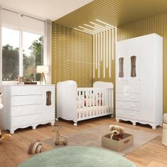 Imagem de Quarto de Bebê Completo com Guarda Roupas 3 Portas Cômoda e Berço com Rodizio 100% mdf Lana Espresso Móveis Branco Brilho
