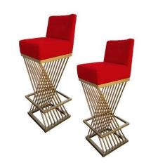 Imagem de Kit 02 Banquetas Luma Base de Ferro Sued Vermelho - D'Classe Decor