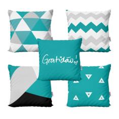 Imagem de Kit 5 Capas De Almofadas Azul Turquesa Gratidão - Novadecora