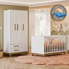 Imagem de Quarto de Bebê Qencanto Slim com Roupeiro 4340 e Berço 4315 Qmovi Branco Acetinado + Colchão Ortobom