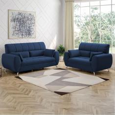 Imagem de Sofá de 3 e 2 Lugares Linoforte Bélgica com 154 cm e 204 de Larguras e Revestidos em Tecido Suede - Azul Marinho