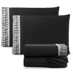 Imagem de Jogo De Lençol King 4 Pçs Basic Percal 180 Fios Lese Bordado Inglês - Preto