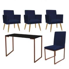 Imagem de Kit Escritório Stan 3 Poltronas Rodapé com Cadeira e Mesa Industrial Preto Bronze Suede Azul Marinho - Ahz Móveis