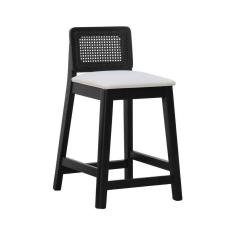 Imagem de Banqueta Média Gabi Madeira Maciça Telinha - Preto Assento Estofado Linho Bege