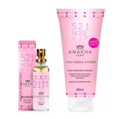 Imagem de Kit Presente Feminino Perfume Hidratante 521 Vip Rose Amakha