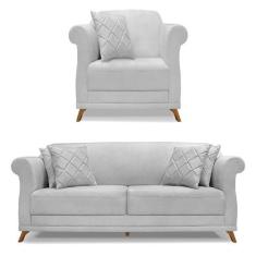 Imagem de Kit Poltrona e Sofá Living 2 Lugares 1,60m Vênus Linho Cinza Pés Casta