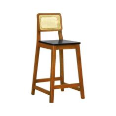 Imagem de Banqueta Gabi Madeira Maciça Encosto Telinha c- 68cm Altura - Amêndoa Assento Preto Madeira