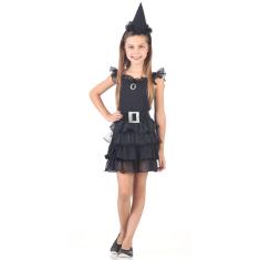 Imagem de Fantasia Bruxa Black Halloween Infantil Vestido Chapéu Luxo