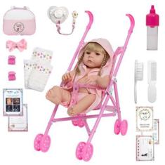 Imagem de Bebê Reborn Menina Realista Roupão Carrinho Enxoval Completo