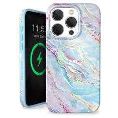 Imagem de Velvet Caviar Capa feminina compatível com iPhone 15 Pro [3 m à prova de choque] Compatível com MagSafe - Capa magnética fofa para celular - Forro de microfibra protetora - Mármore holográfico azul