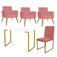 Imagem de Kit Escritório Stan 3 Poltronas Capitonê com Cadeira e Mesa Industrial Branco Dourado Suede Rose Gold - Ahz Móveis