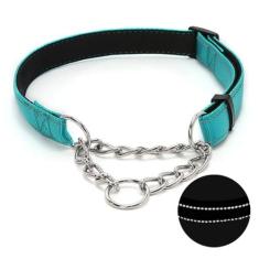 Imagem de Coleira para cães Martingale com corrente de aço inoxidável, coleira refletiva de nylon acolchoada macia, sem puxão, corrente resistente, para cães grandes, médios e pequenos (verde, 27 cm - 39,9 cm)