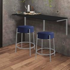 Imagem de Kit Mesa Suspensa de Parede Fixa MDF Preto + 2 Banquetas Sintra Ferro Cinza Corino Azul Marinho - Ahazzo Móveis