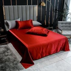 Imagem de Lençol Superior Casal Queen 2 Fronhas Cetim Seda Vermelho - Confecções