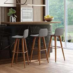 Imagem de KIT 3 BANQUETAS ALTAS LUXO LINEA AÇO COBRE LINHO CINZA BASE CARVALHO