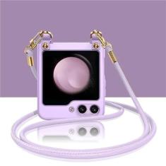 Imagem de Capa de telefone com cordão crossbody para Samsung Galaxy Z Flip 5 Flip5 Capa rígida galvanizada à prova de choque, roxa, para Galaxy Z Flip5